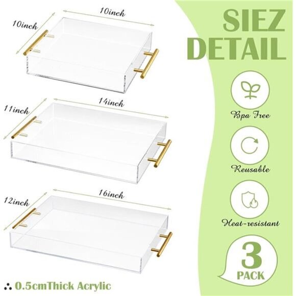 3 Pcs Clear Serving Tray Spill Proof Acrylic Organizer Coffee Table Counter top - Picture 2 of 6